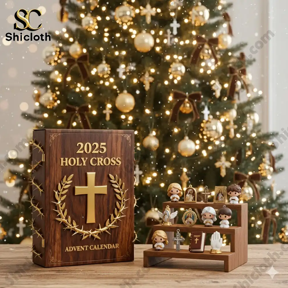Holy Cross 2025 advent calendar beside golden Christmas tree with glowing lights!