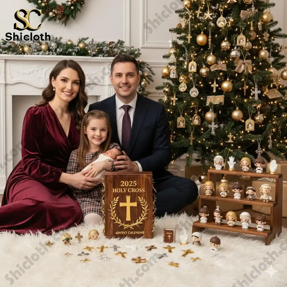Family celebrating Christmas with Holy Cross 2025 advent calendar near tree!