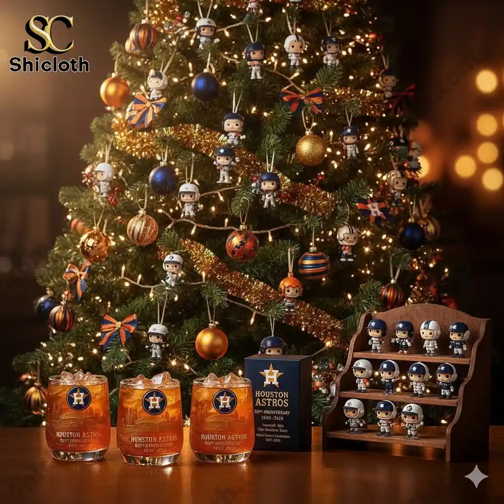 Christmas tree decorated with Houston Astros themed ornaments and collectible figurines.