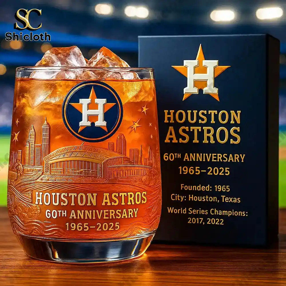 Close view of a Houston Astros sixtieth anniversary glass with iced drink.
