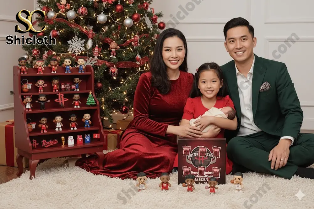 A family poses by a Christmas tree with a Houston Rockets themed figure collection display.