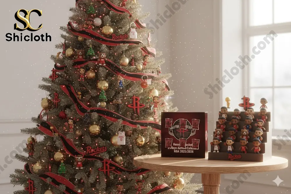 A decorated Christmas tree with Houston Rockets ornaments and figure display beside a themed gift box.