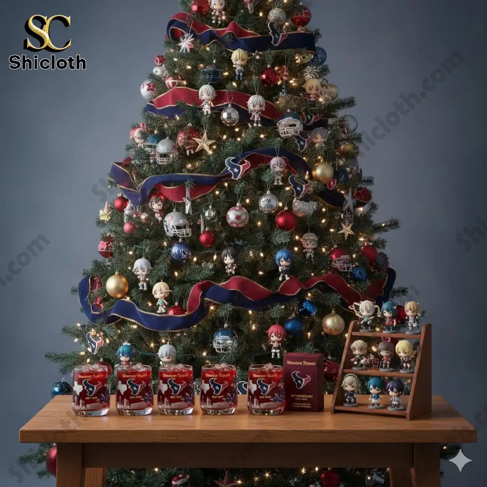 Christmas tree decorated with small character figures ornaments and Houston Texans glasses on a wooden table.