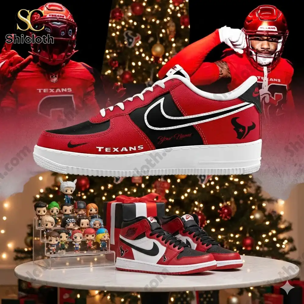 Red and black Houston Texans themed sneakers displayed in front of a Christmas tree!