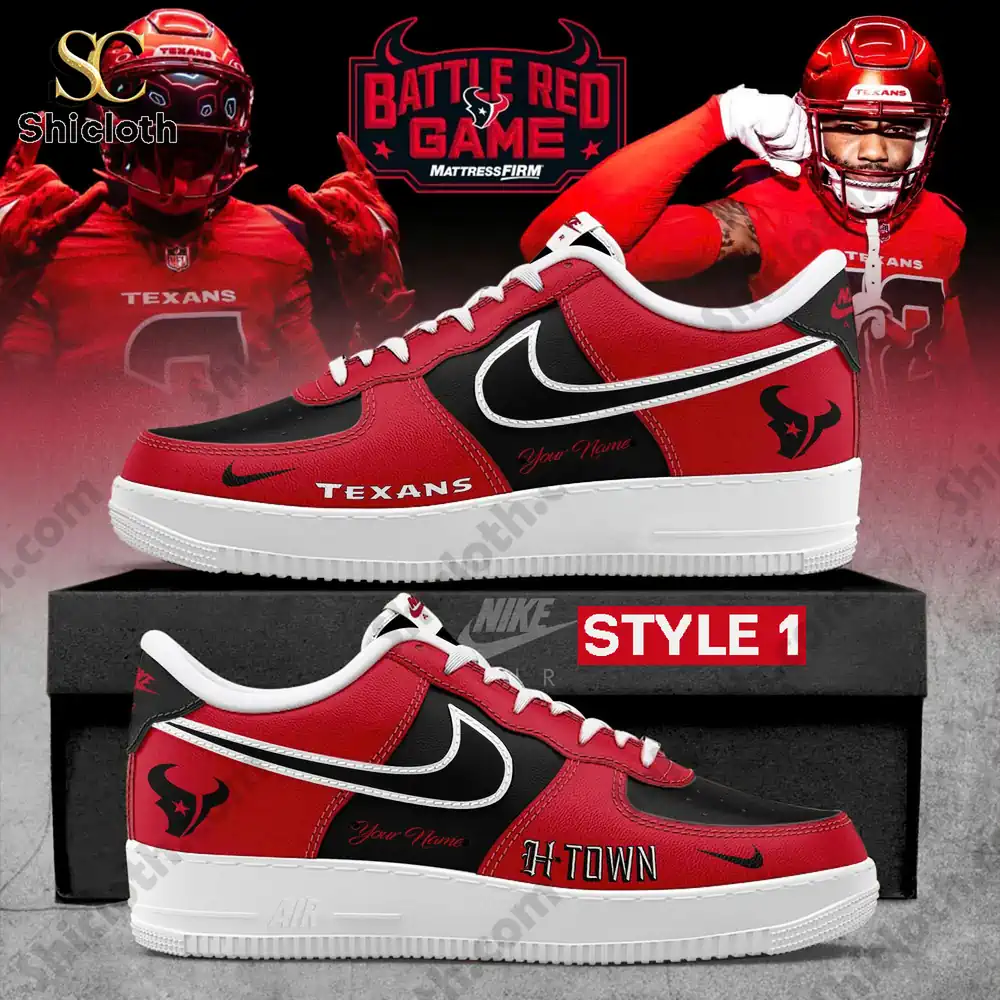 Red and black Houston Texans themed sneakers displayed on a box with team graphics in the background!