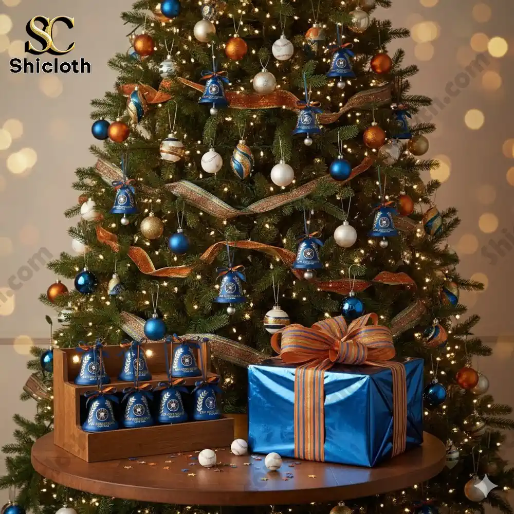 A decorated Christmas tree with Houston Astros 60th anniversary bell ornaments and a large blue gift box with a striped bow!