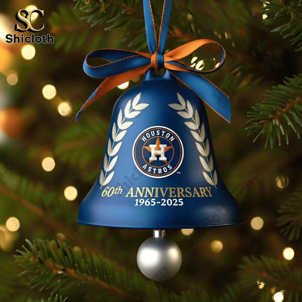Close up of a blue Houston Astros 60th anniversary bell ornament with laurel motifs and a silver clapper!