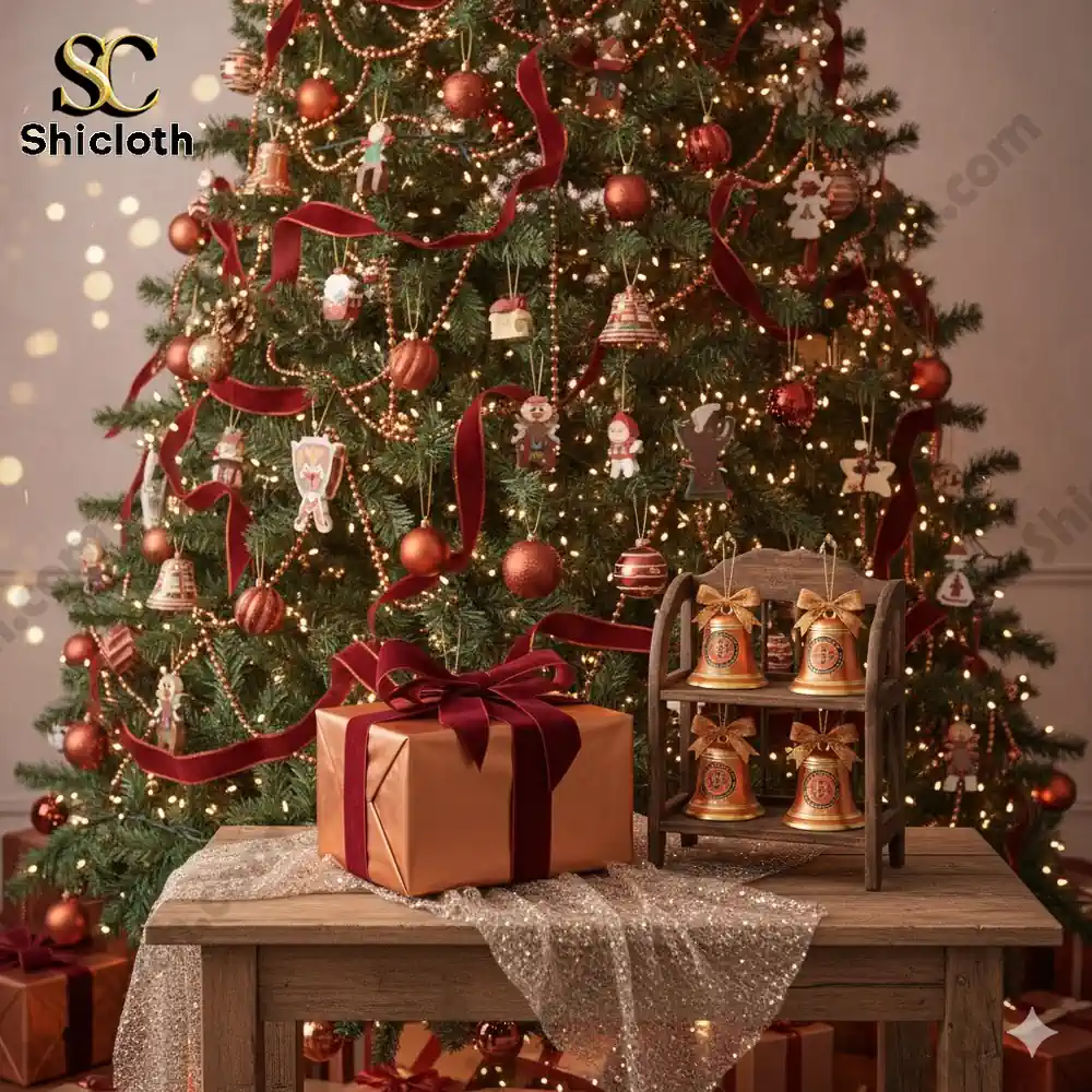 A Christmas tree decorated with orange and red Houston Dynamo FC themed bell ornaments and a gold wrapped gift box!