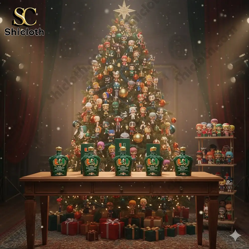 Christmas tree decorated with character ornaments and Miami Hurricanes anniversary bottles displayed on a table.