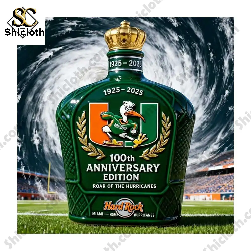 Miami Hurricanes one hundred anniversary bottle with a gold crown cap set before a swirling storm background.