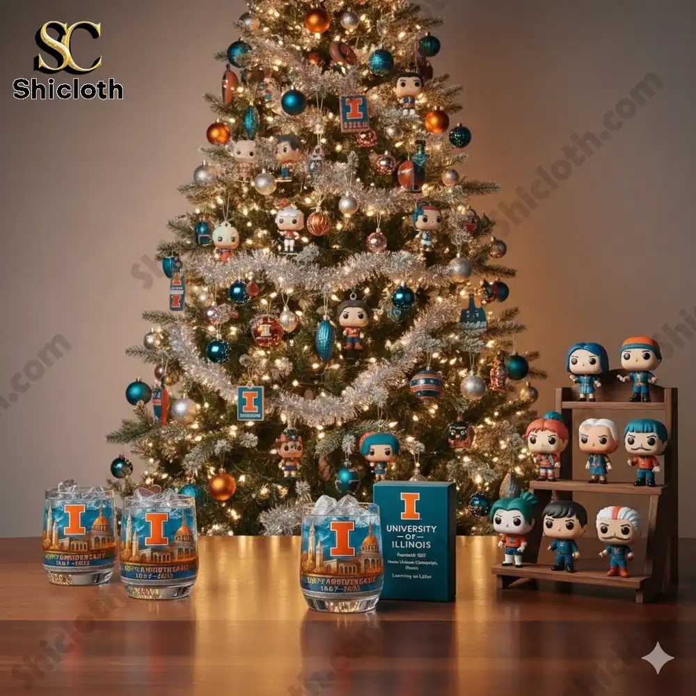 Christmas tree decorated with Illinois themed ornaments and character figures!