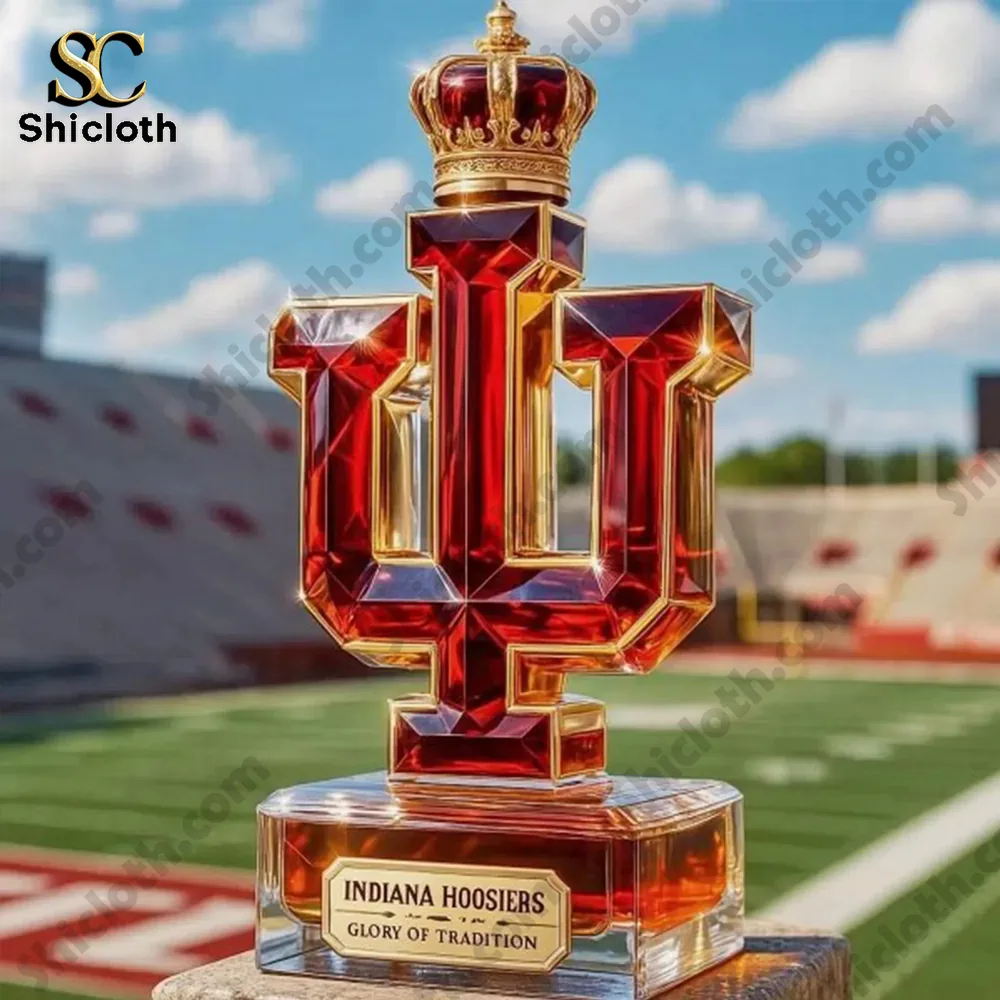 A crystal like Indiana Hoosiers trophy displayed on a football field.