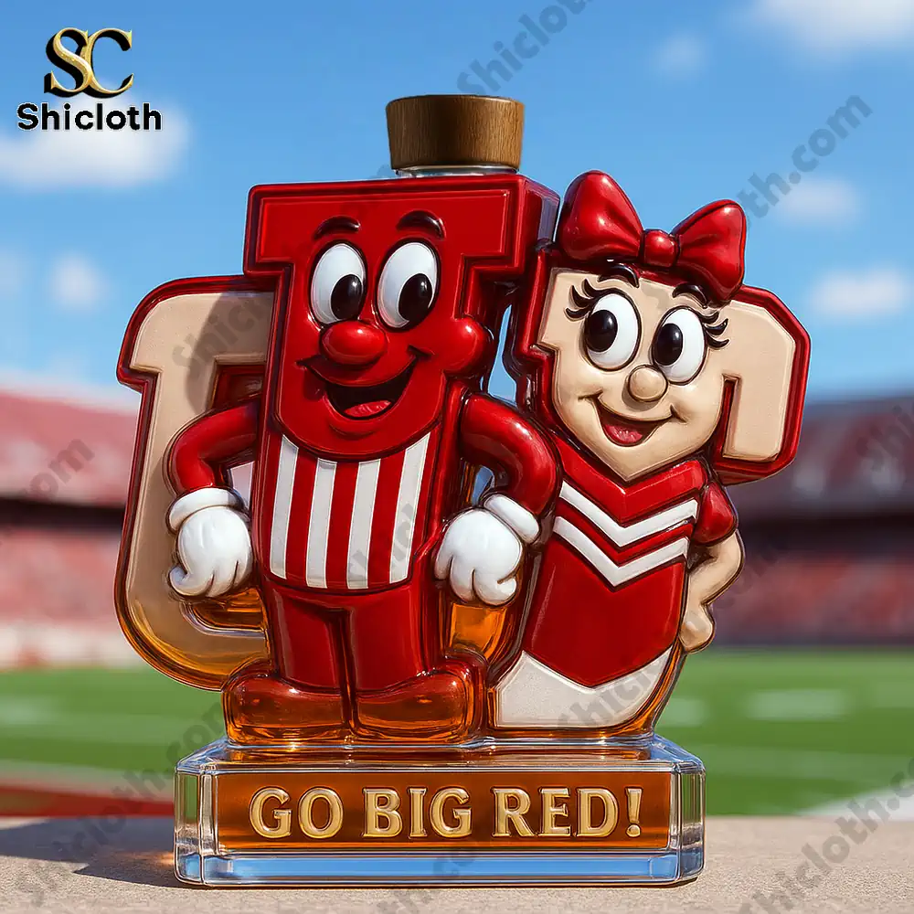 Indiana Hoosiers Mr. IU & Ms. IU Limited Edition Christmas Whiskey Bottle 3 Two red character bottles standing together at a stadium!