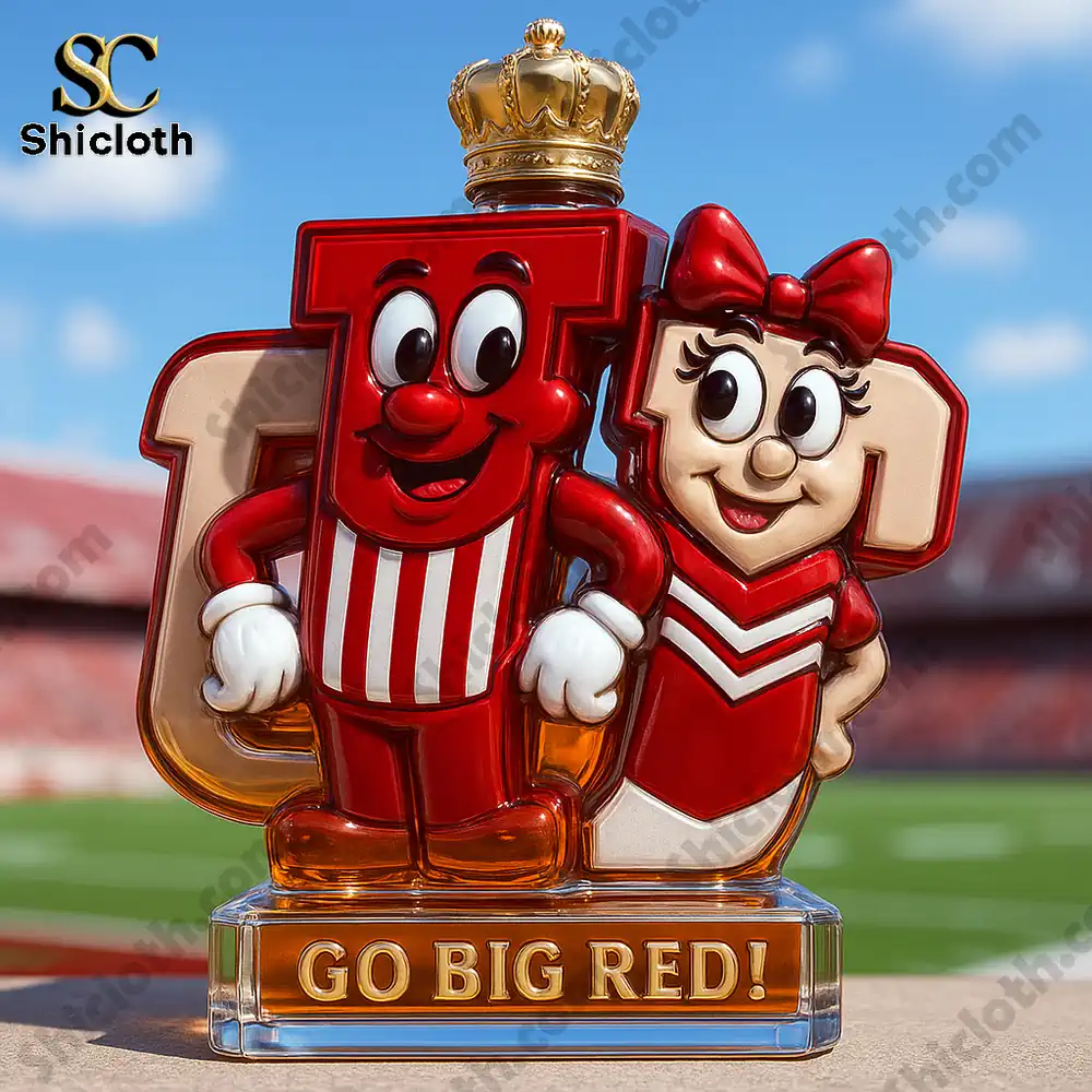 Indiana Hoosiers Mr. IU & Ms. IU Limited Edition Christmas Whiskey Bottle 4 Two red character bottles with a gold crown at a stadium!