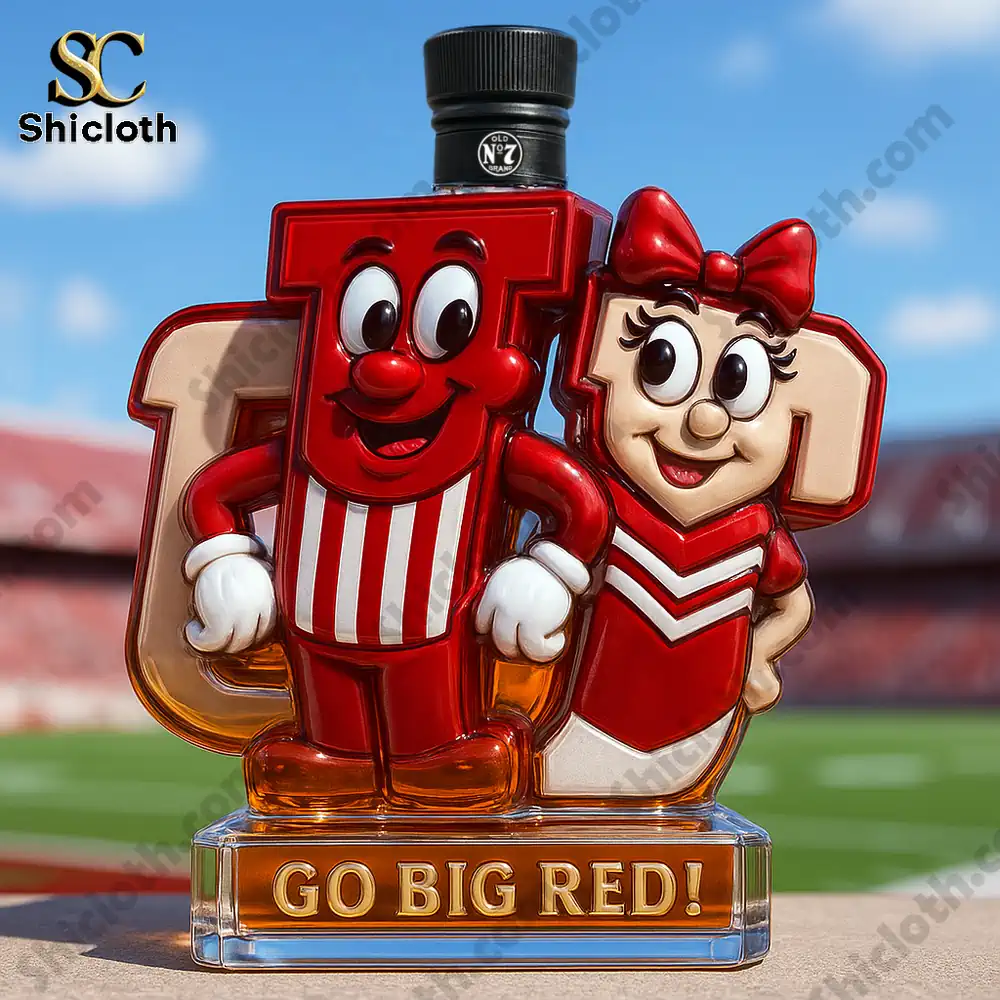 Indiana Hoosiers Mr. IU & Ms. IU Limited Edition Christmas Whiskey Bottle 5 Two red character bottles with a black cap at a stadium!