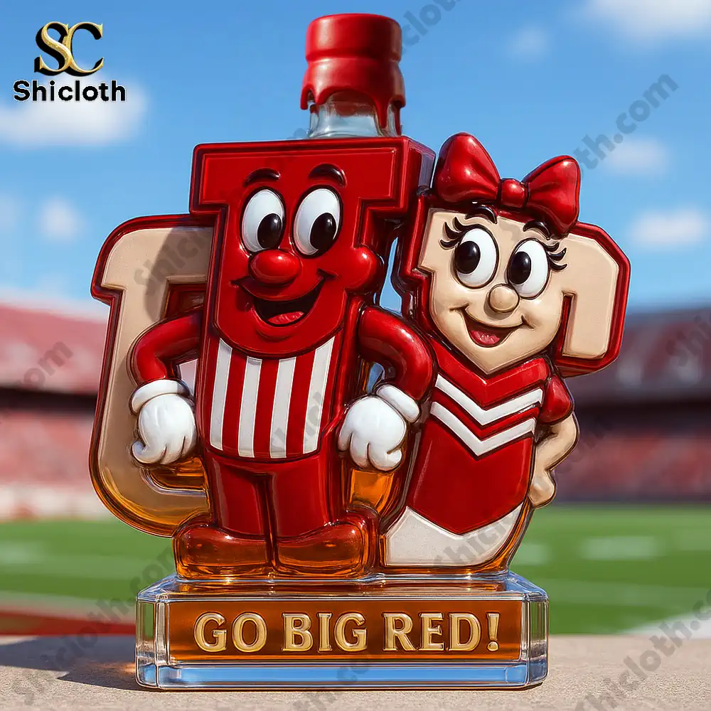 Indiana Hoosiers Mr. IU & Ms. IU Limited Edition Christmas Whiskey Bottle 7 Two red character bottles with a bright red cap at a stadium!