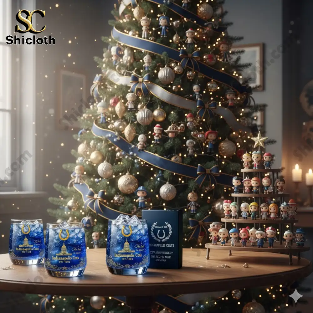 A decorated Christmas tree beside a table displaying blue Colts themed glasses and small character figures.