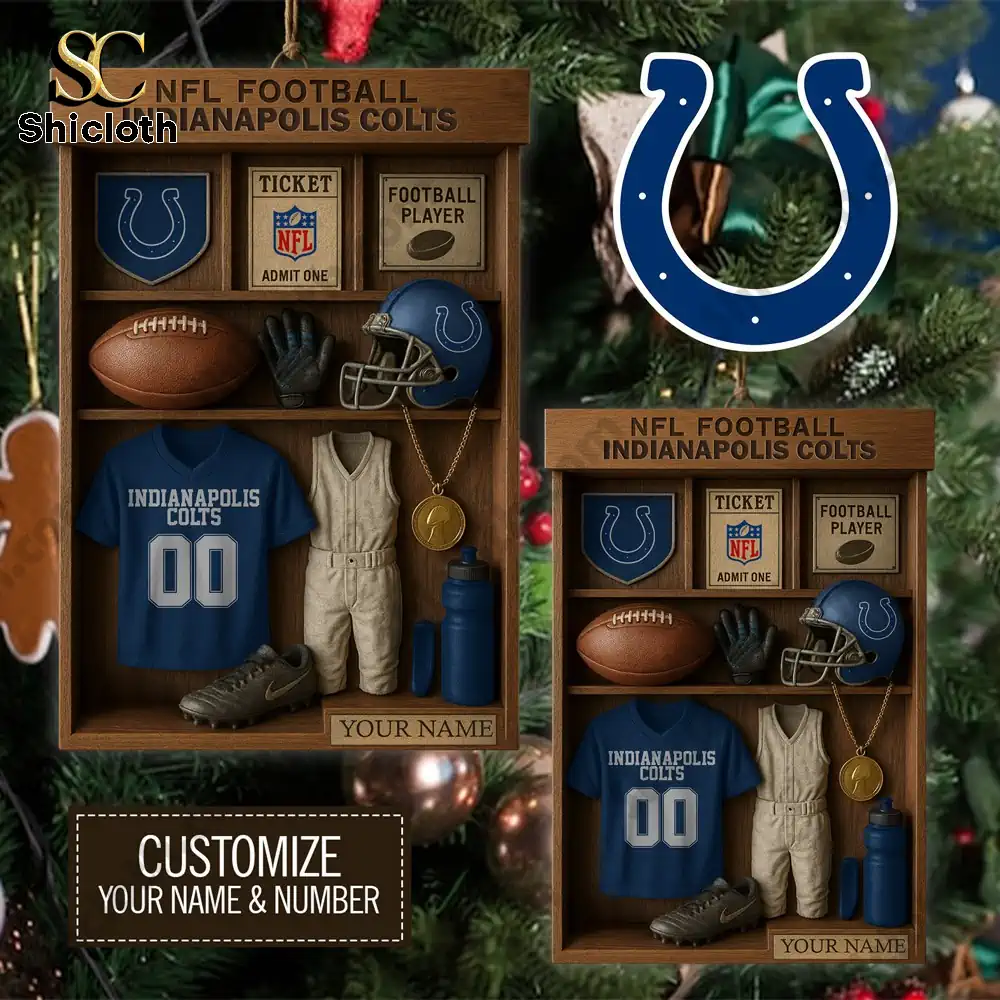 Close view of two Indianapolis Colts themed wooden display ornaments.