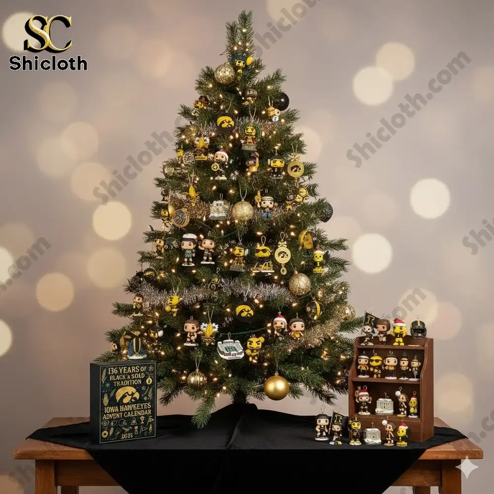 Christmas tree decorated with Iowa Hawkeyes themed ornaments and figures in black and gold colors.
