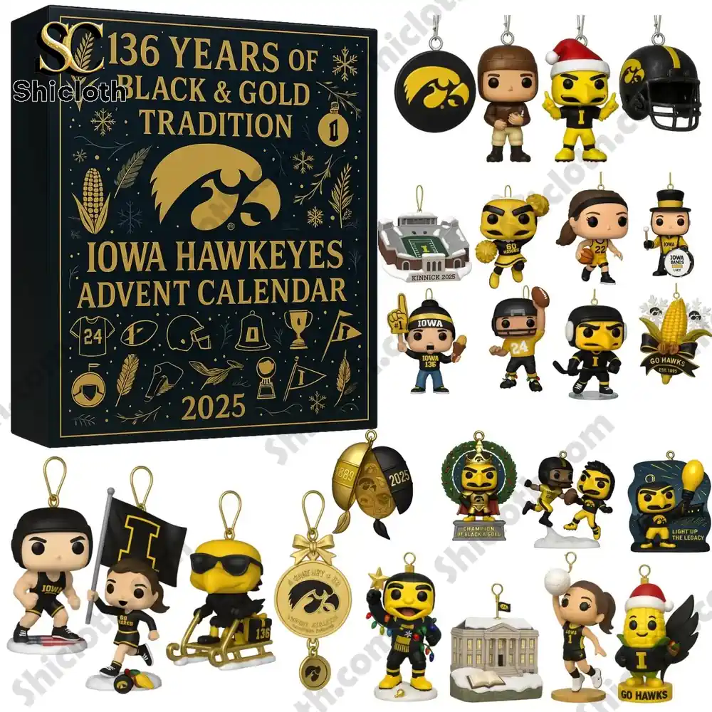Iowa Hawkeyes Anniversary Advent Calendar 3 Close up of Iowa Hawkeyes Advent Calendar 2025 with collectible ornaments and mini figures.