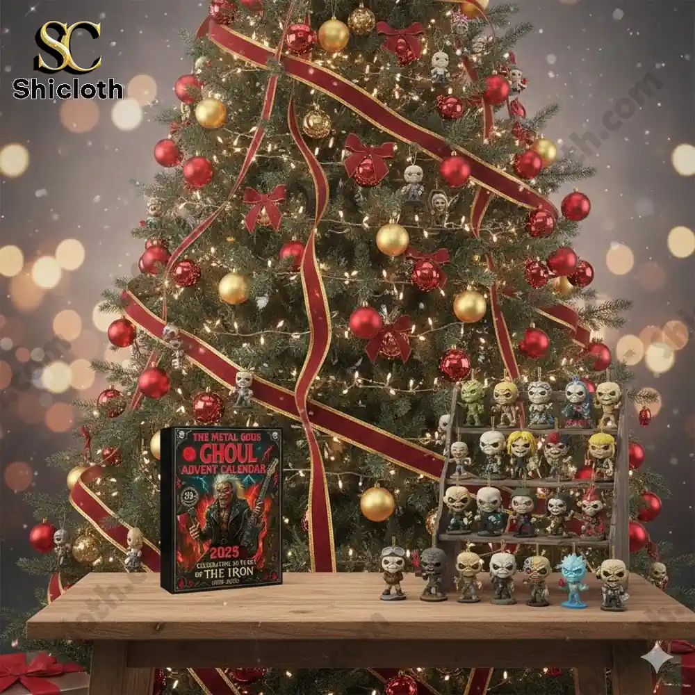The Metal Gods Ghoul 2025 advent calendar and collectible figures displayed by Christmas tree with lights and ornaments!