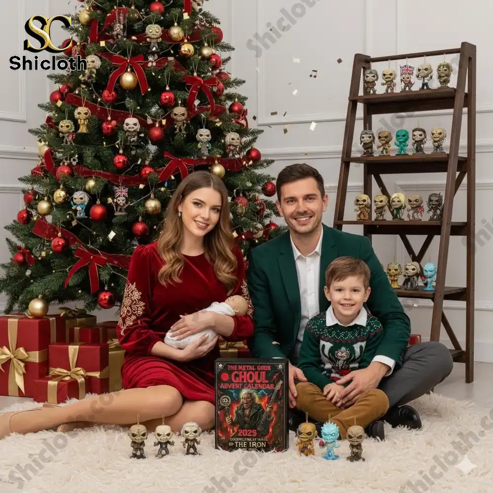 Family celebrating Christmas with The Metal Gods Ghoul 2025 advent calendar and festive decorations!