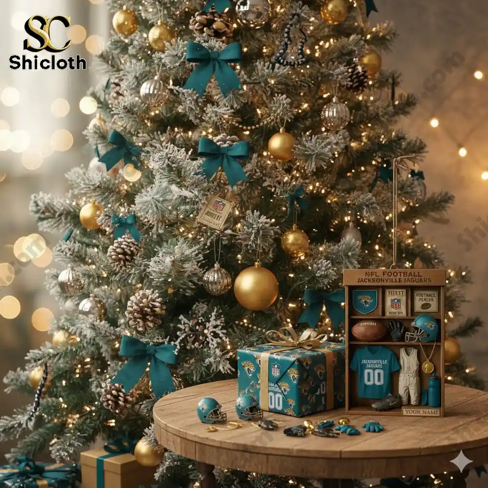 A Christmas tree with teal and gold decorations beside a table displaying a Jacksonville Jaguars themed ornament set.