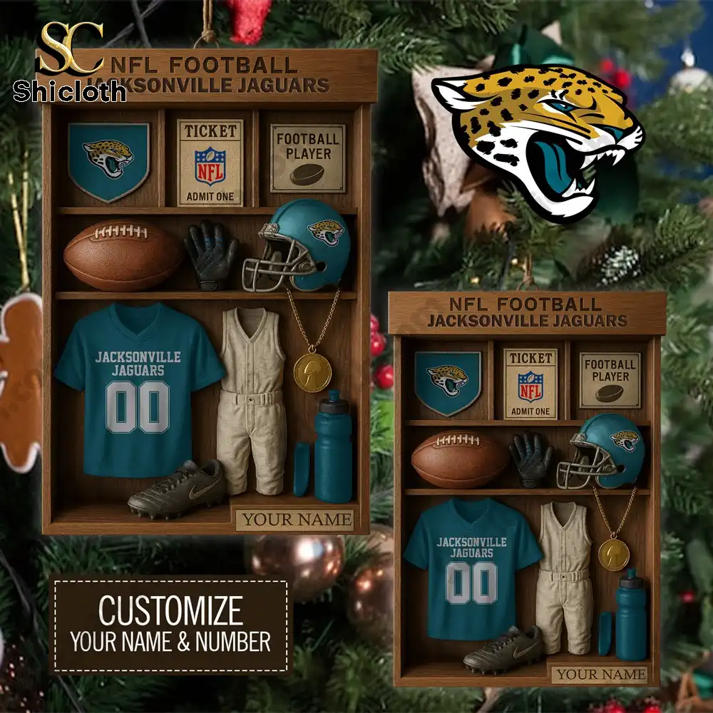 Two Jacksonville Jaguars ornament display boxes shown side by side with customizable name and number.