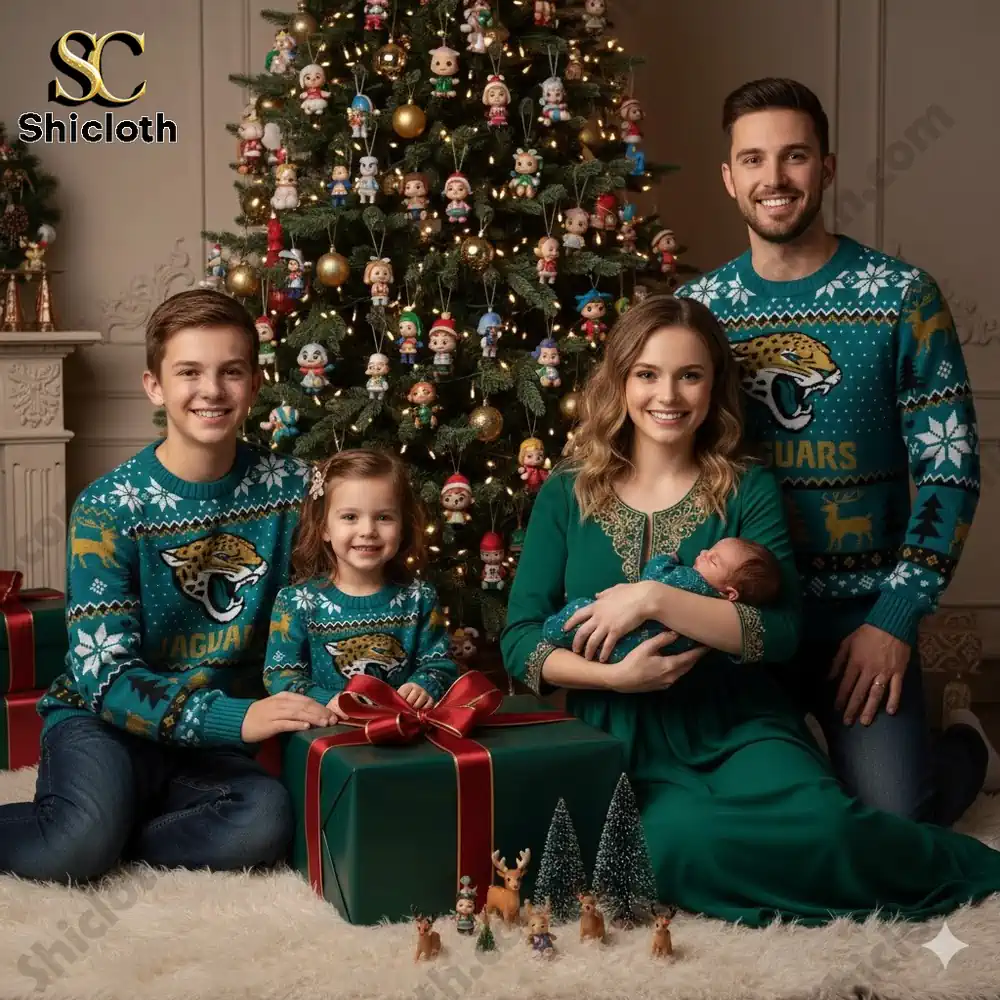 A family of five in matching Jaguars-themed Christmas sweaters, posing in front of a decorated tree with presents and figurines.