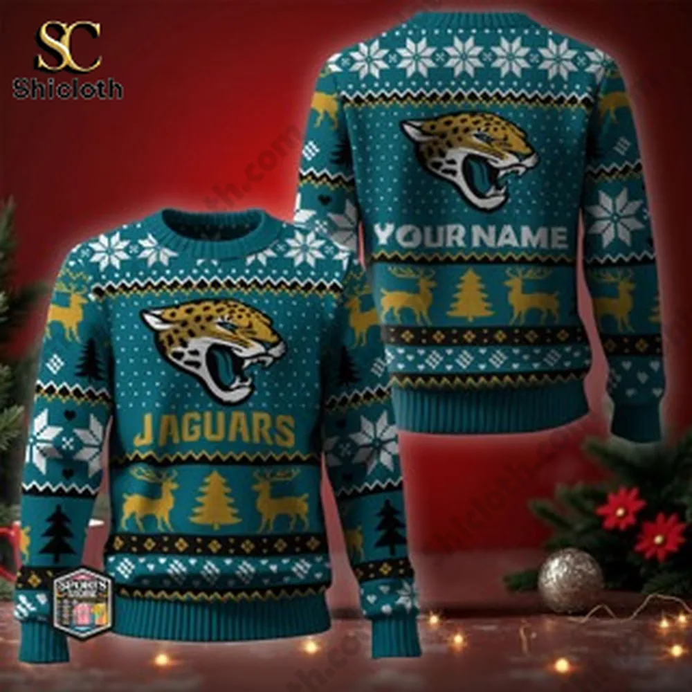 A customizable Jaguars Christmas sweater with a name option, featuring festive patterns and a jaguar logo.