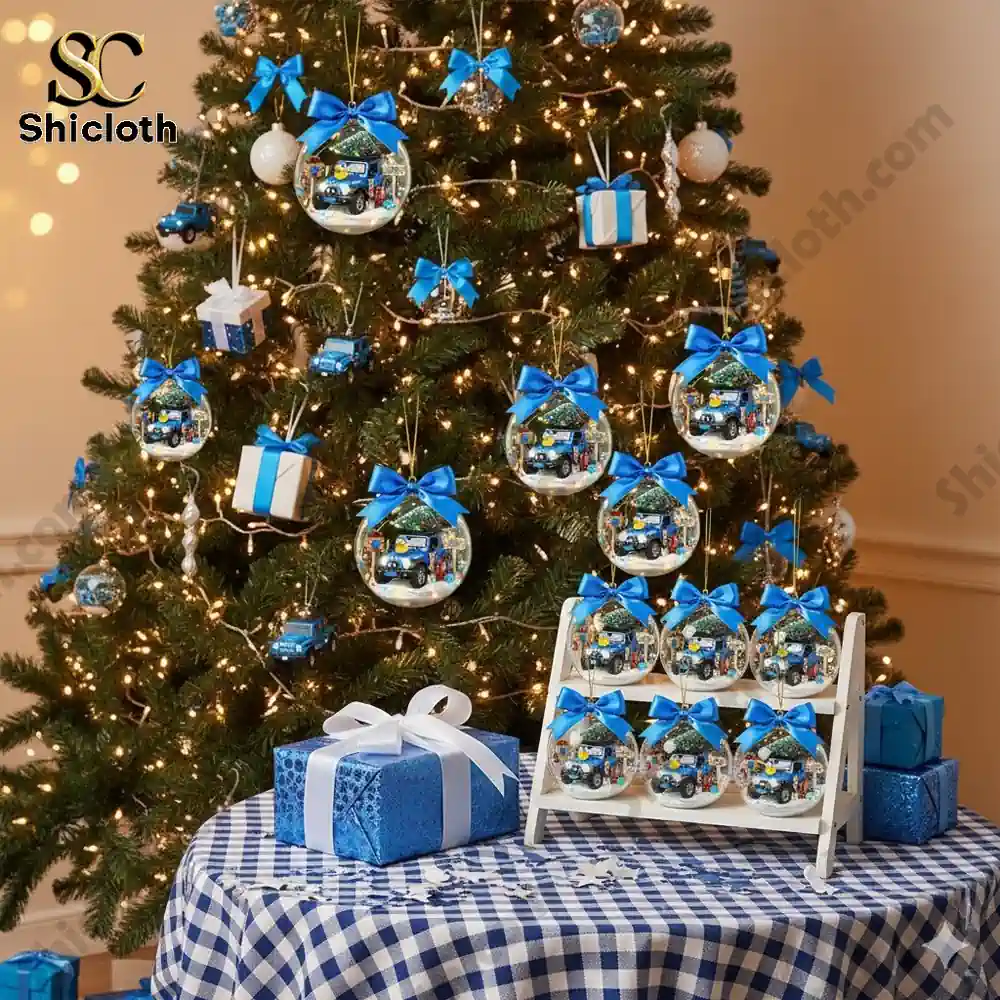 Christmas tree decorated with Jeep-themed ornaments and blue gift boxes.