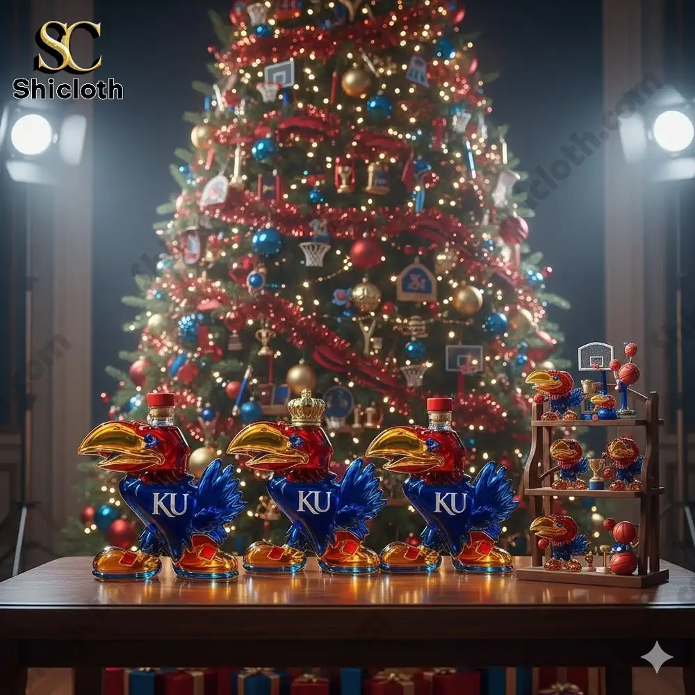 KU Jayhawk whisky bottles displayed in front of a Christmas tree with a festive background.