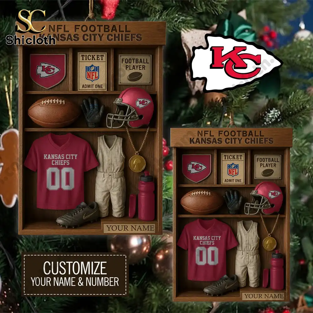 Close view of a customizable Kansas City Chiefs ornament with jersey and football gear!