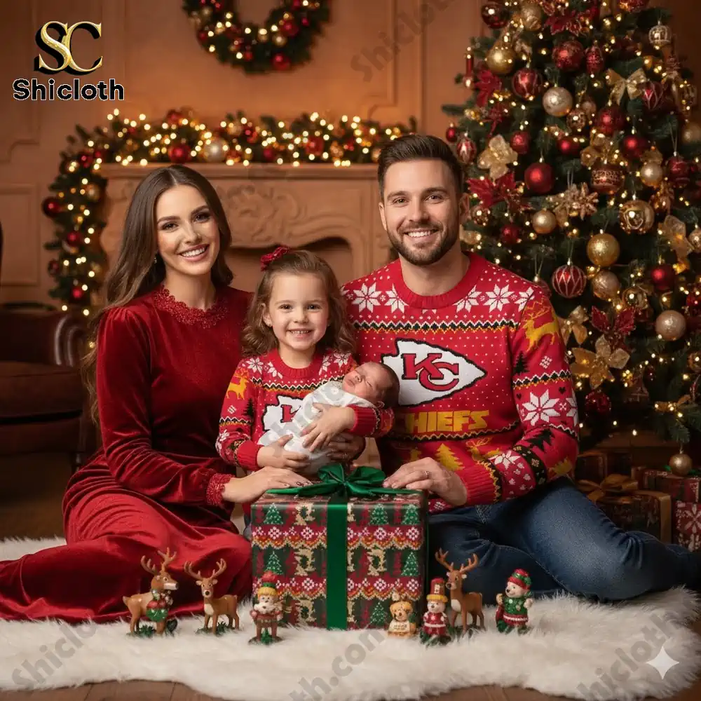 Family photo celebrating Christmas in Chiefs-themed sweaters with a decorated tree and gifts.