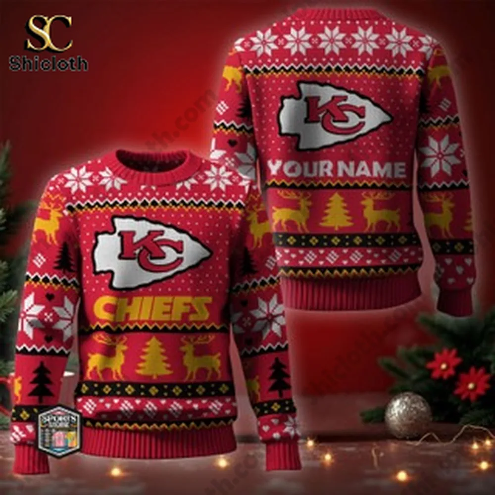 Kansas City Chiefs Christmas sweater with customizable name, featuring festive designs.