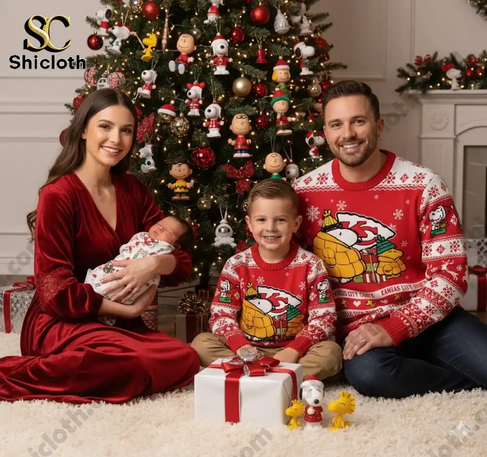 A family dressed in matching Kansas City Chiefs Peanuts Snoopy-themed sweaters celebrating Christmas by the tree.