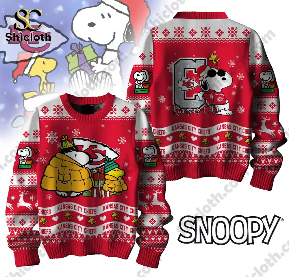 Kansas City Chiefs Peanuts Snoopy Christmas sweater with Snoopy and Woodstock in holiday attire.