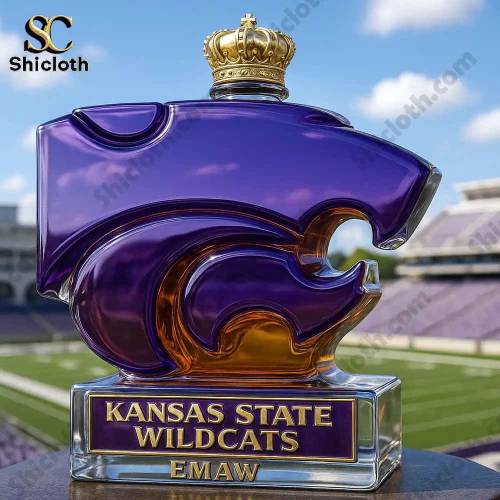Purple Kansas State Wildcats bottle with a crown top displayed in a stadium setting.
