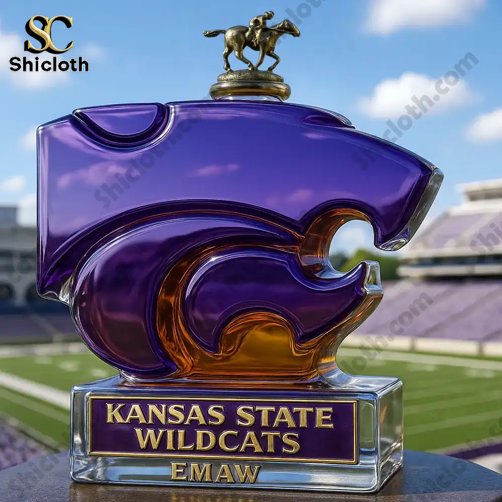 Kansas State Wildcats Limited Edition Christmas Whiskey Bottle 4 Purple Wildcats bottle with detailed rider top in front of stadium seating.