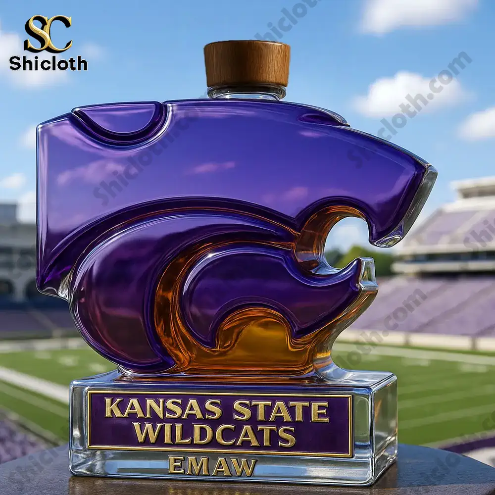 Kansas State Wildcats Limited Edition Christmas Whiskey Bottle 7 Kansas State Wildcats bottle with a wooden cap outside a stadium.