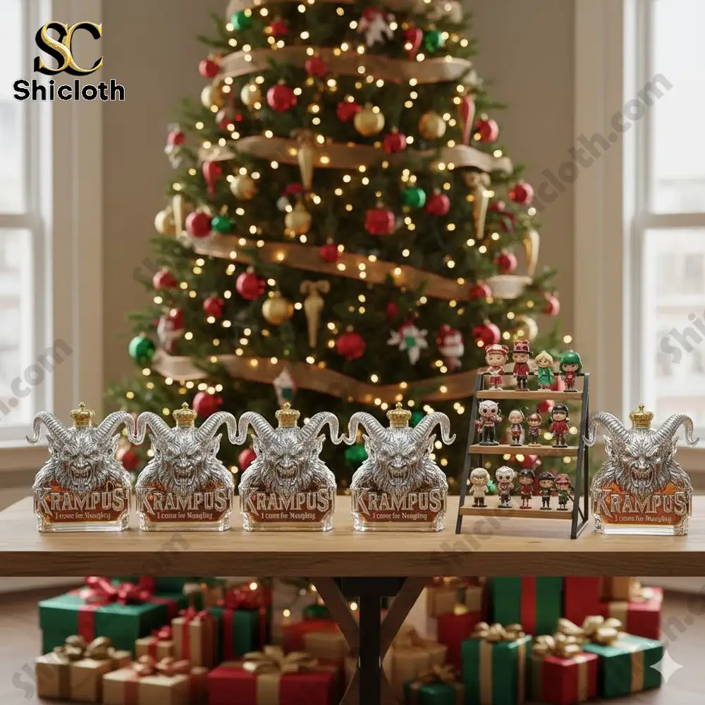 Multiple Krampus bottles and collectible figures displayed on a table in front of a decorated Christmas tree.