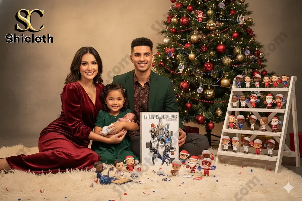 A family poses beside a Christmas tree with an LA Clippers themed advent calendar and figure collection display.