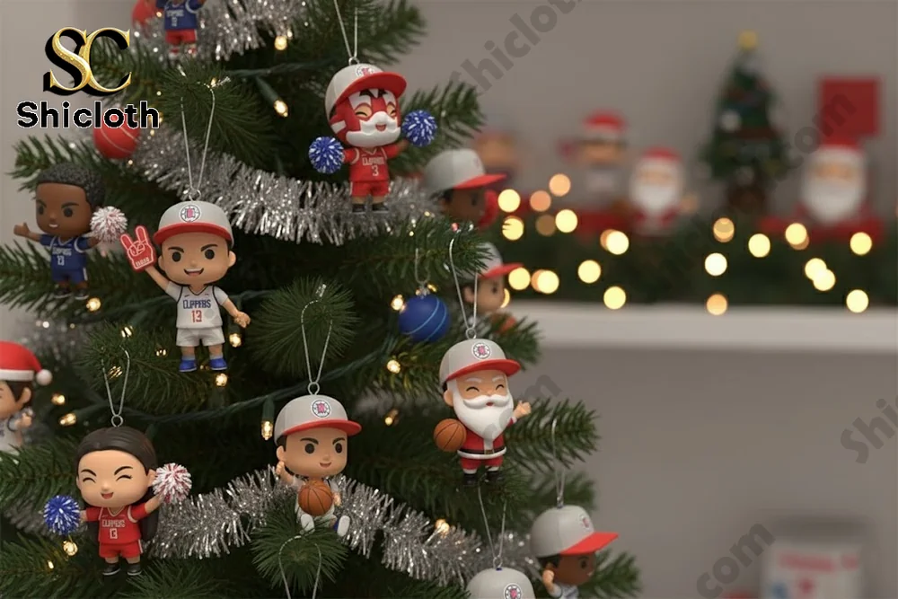 Close up of LA Clippers themed miniature ornaments hanging on a Christmas tree.