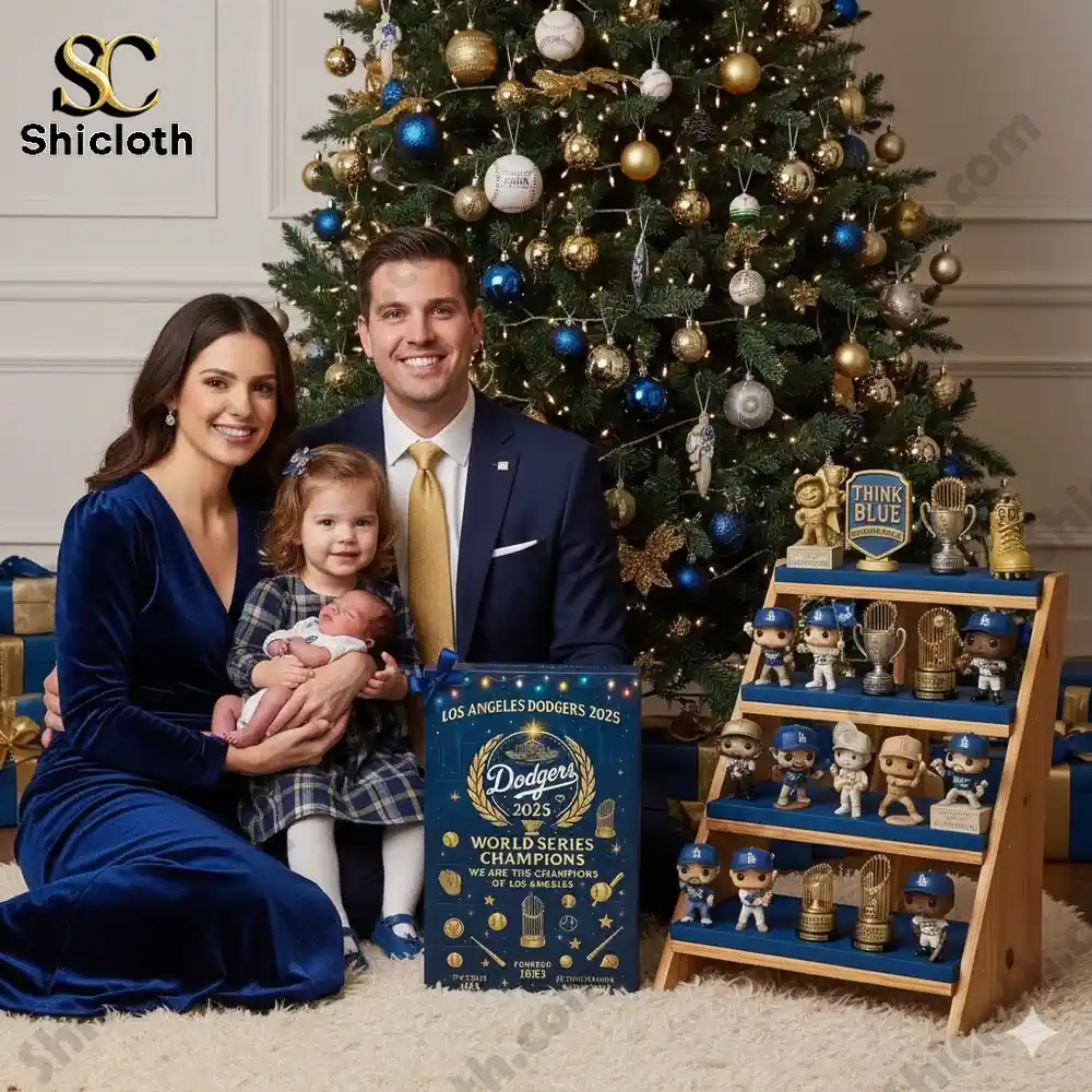 A smiling family poses by a Christmas tree with a Los Angeles Dodgers 2025 Advent calendar and collectible figurines displayed beside them.
