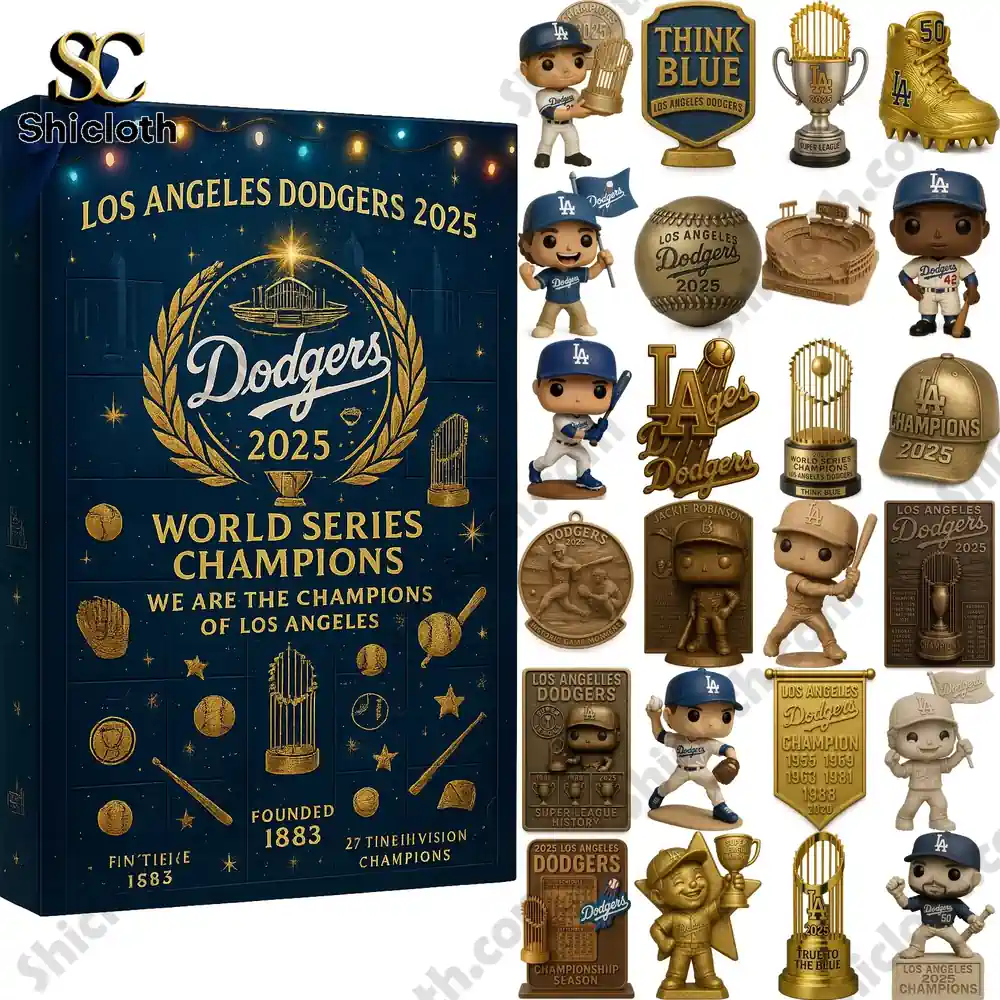 A display of the Los Angeles Dodgers 2025 Advent calendar box surrounded by mini baseball player figurines and team trophies.