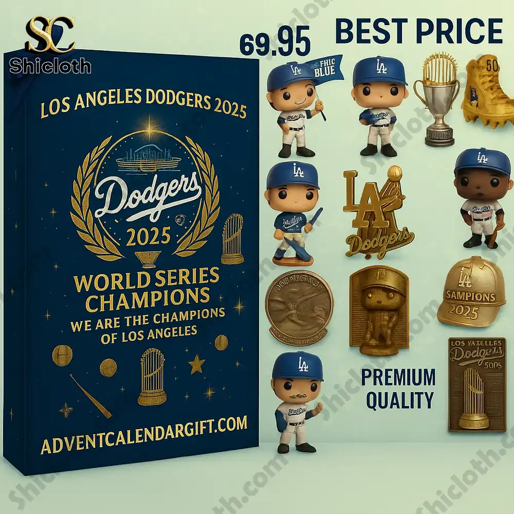 LA Dodgers World Series Champions 2025 Advent Calendar 3 A display of the Los Angeles Dodgers 2025 Advent calendar box surrounded by mini baseball player figurines and team trophies.