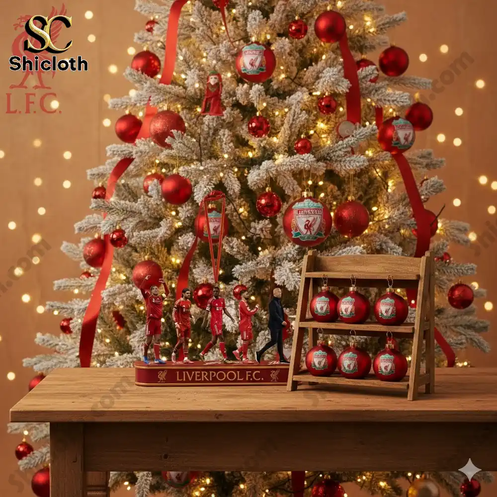 A decorated Christmas tree with Liverpool themed ornaments and a display of Liverpool figures on a wooden table!