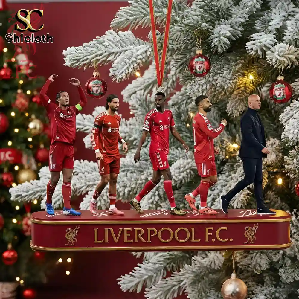 Liverpool players and a coach ornament displayed as a hanging decoration on a Christmas tree!