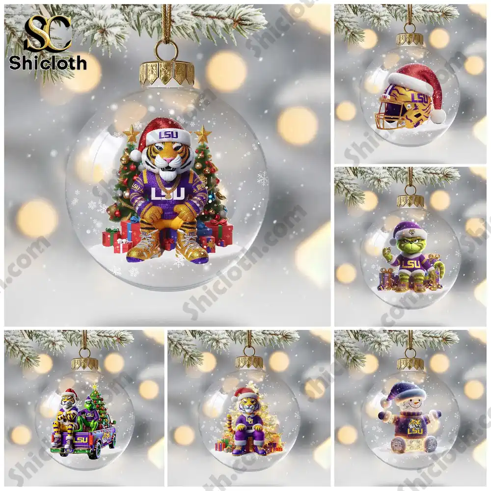 Set of LSU themed Christmas ornaments featuring mascot characters and holiday designs.