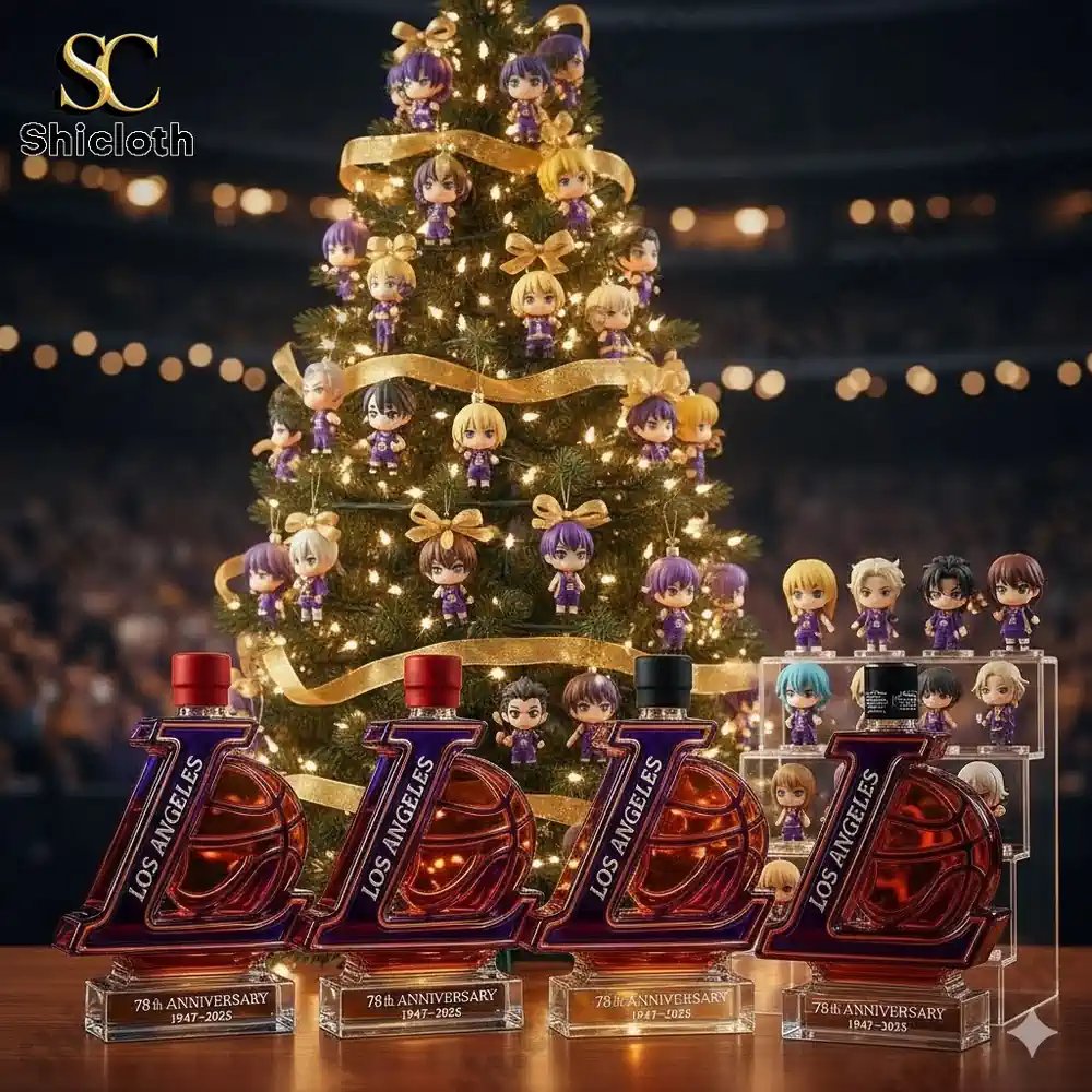 A Christmas tree decorated with various character ornaments, alongside Lakers 78th Anniversary commemorative bottles.